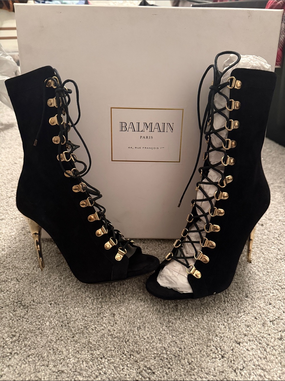 Balmain Black Suede Lace-Up Peep Toe Boots with Gold Hardware